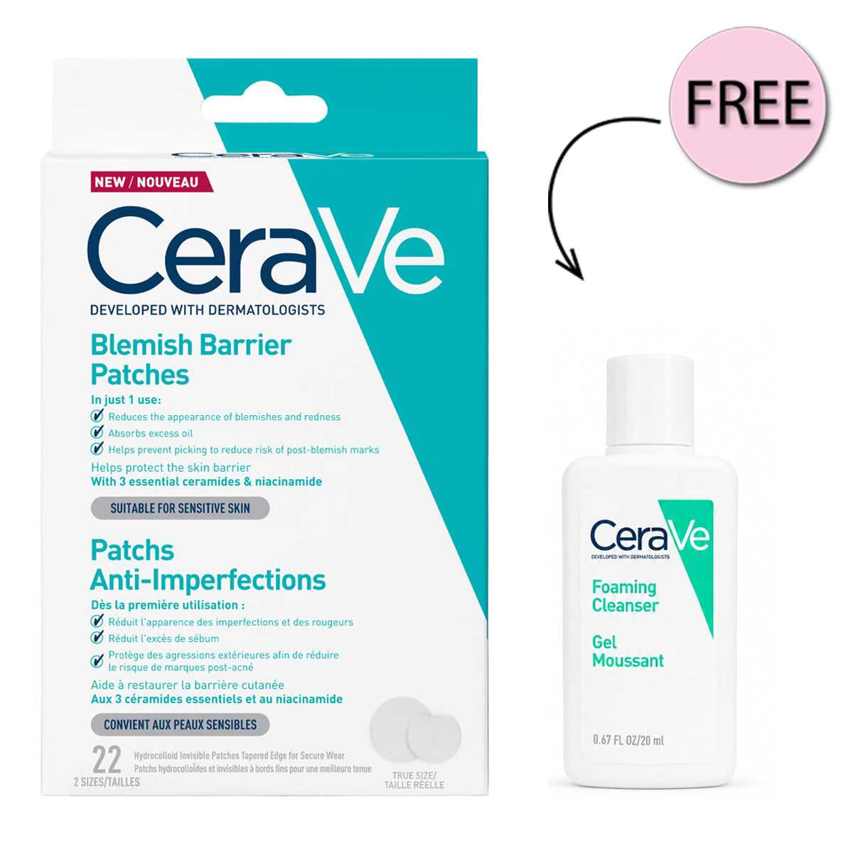 Cerave Blemish Barrier Patches 22Pcs +Free Cerave Foaming Cleanser 20ml